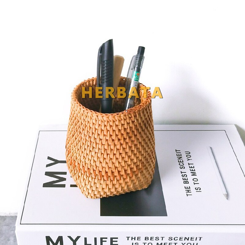 Simple Autumn Rattan Hand Woven Pen Holder Organizer Makeup Brush Holder Stationery Office Desk Accessories Decor