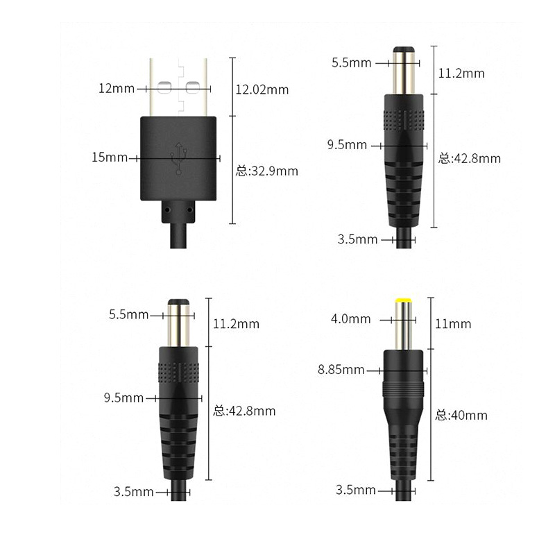 Cable de carga de puerto USB a CC de 1M, conector de enchufe CC 5,5x2,1 5,5x2,5 3,5x1,35 4,0x1,7 2,5x0,7mm, Cable de extensión de fuente de alimentación