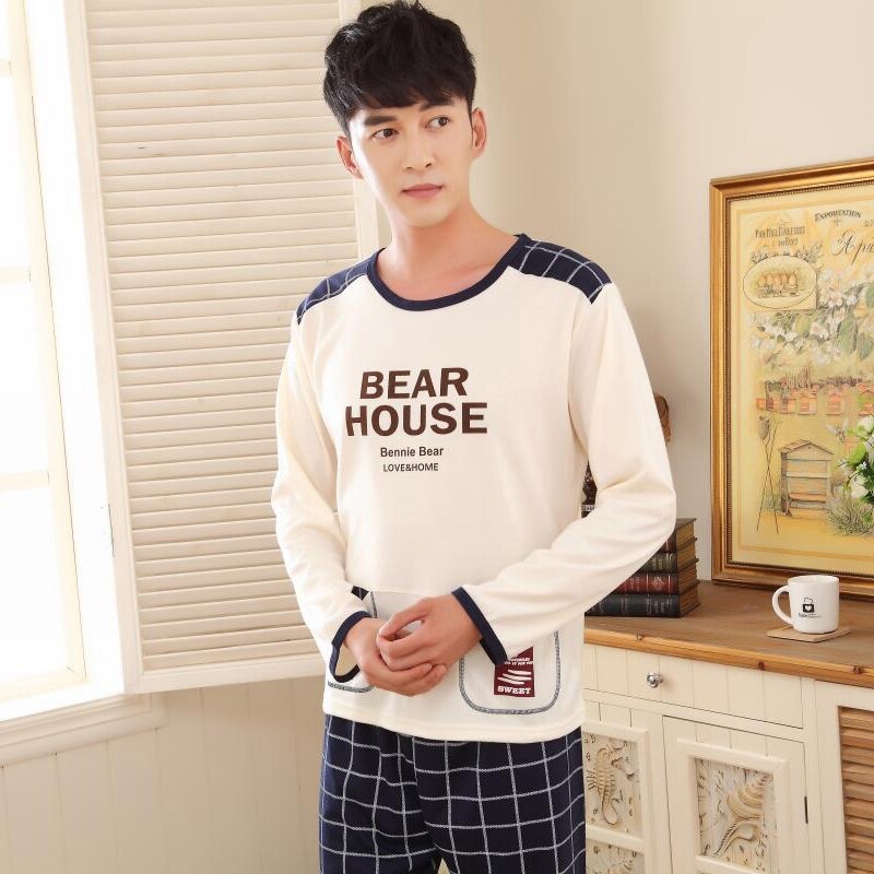 Cotton Pajama Sets for Men Autumn Winter Long Sleeve Letter Pyjama Male Casual Plaid Pants Homewear Loungewear Home Clothes