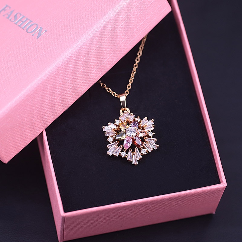 Luxury Snowflake Square Multi Color Zircon Gold Color Jewelry Set For Women Earrings Necklace Set In Store