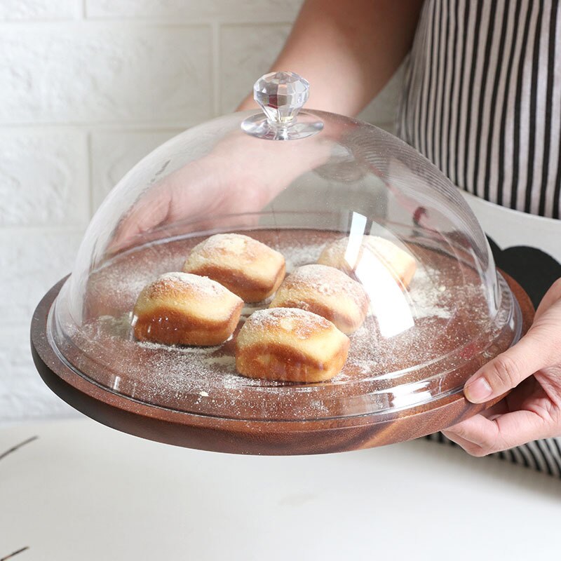 Acacia Wood Dessert Serving Tray Cake Stand with Acrylic Transparent Dome Household Bread Pastry Display Board for Party