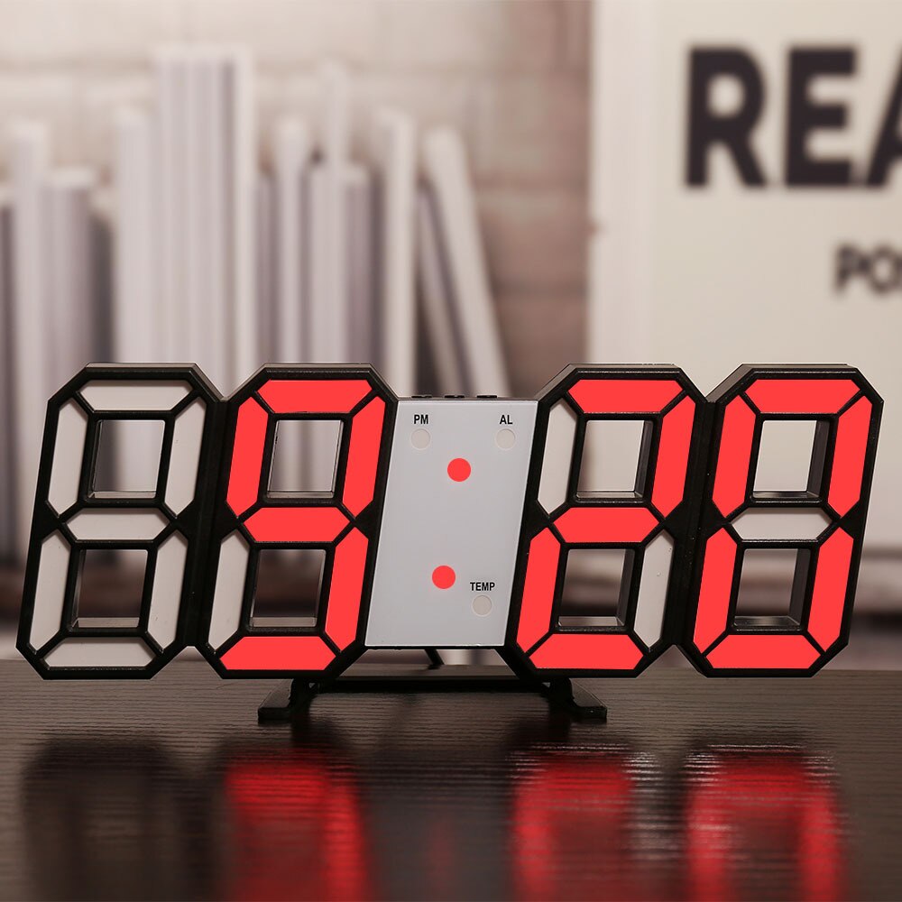 Led Digitale 3D Wandklok Usb Elektronische Wekkers Datum Temperatuur Automatische Backlight Tafel Desktop Klok Woondecoratie: Black red