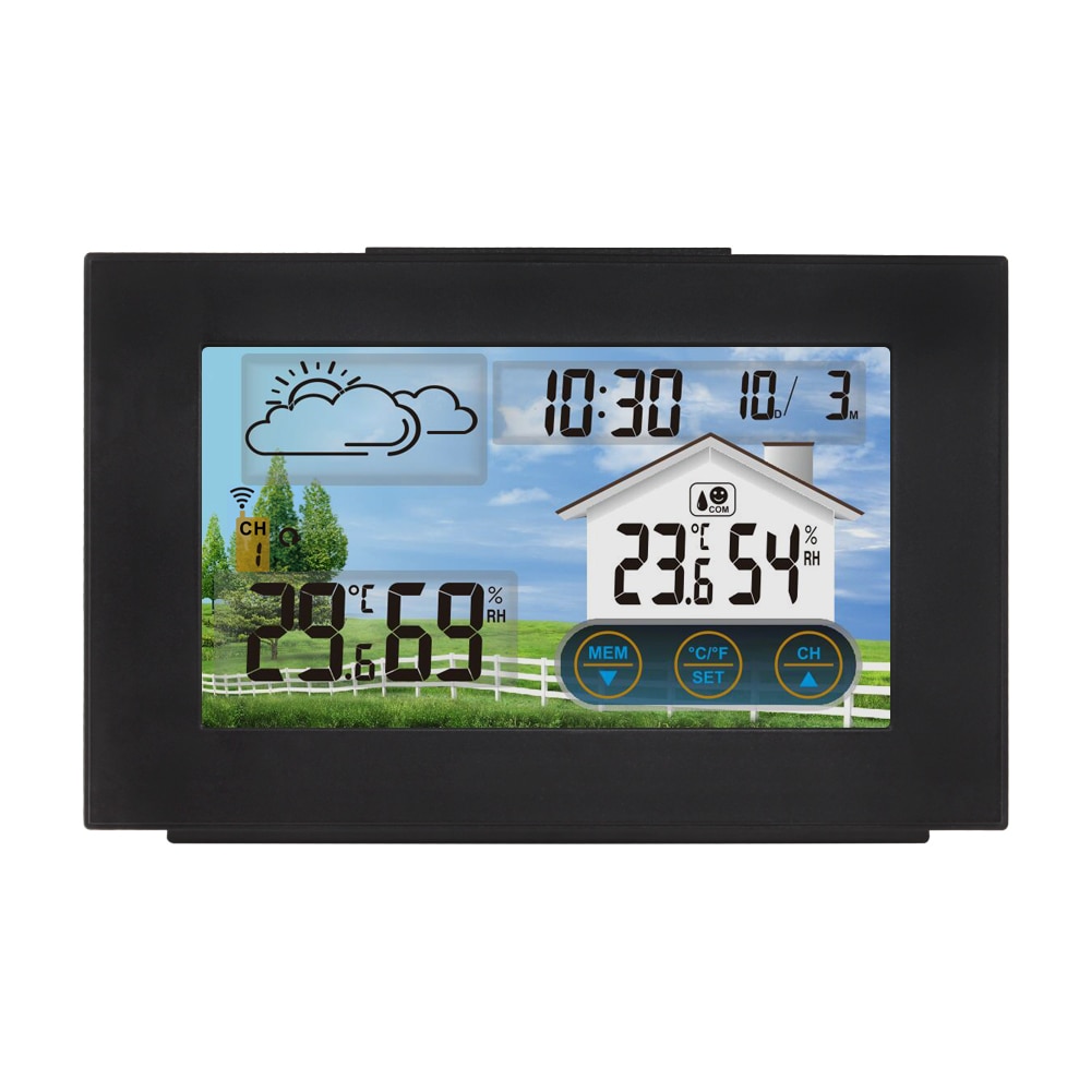 FanJu-estación meteorológica Digital, reloj despertador con pantalla táctil, medidor de temperatura y humedad, escritorio de mesa, Sensor inalámbrico para exteriores