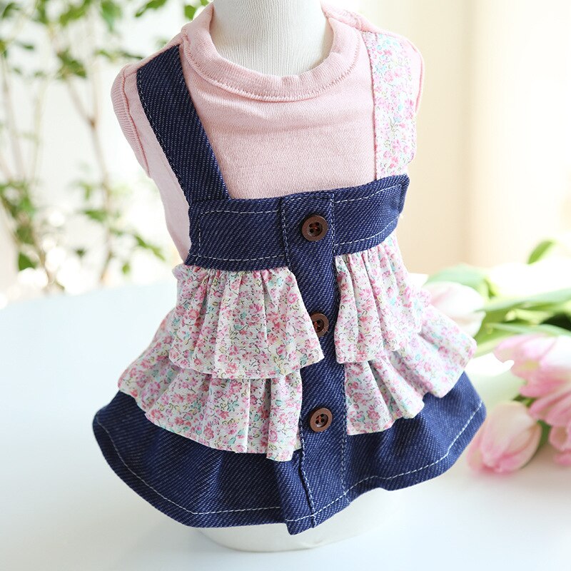 Vestido de verano para gato, vestido de princesa Floral con tirantes de tela vaquera, de una pieza para gato, ropa para mascotas