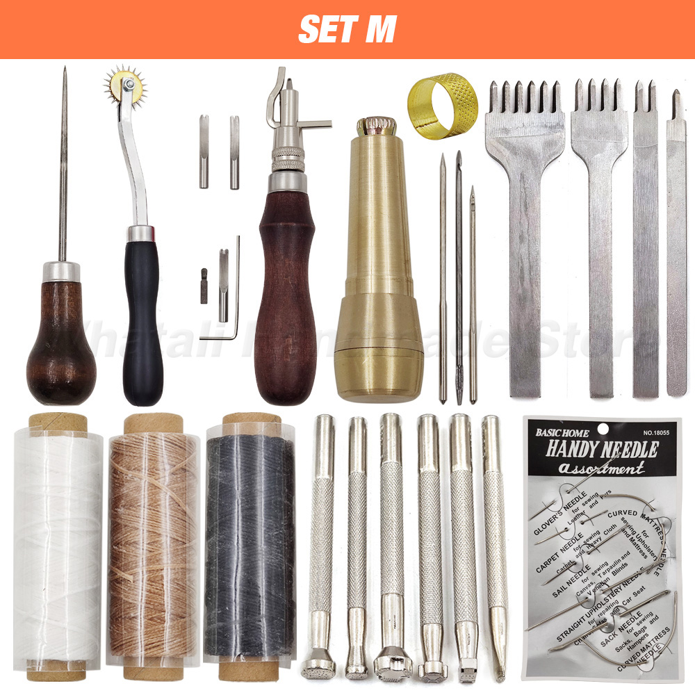 Leathercraft Tool Set Kits Pine Wood Hand Stitching Clamp Leather Punching Carving Saddle Groover Tools Storage Leathercraft DIY: SET M