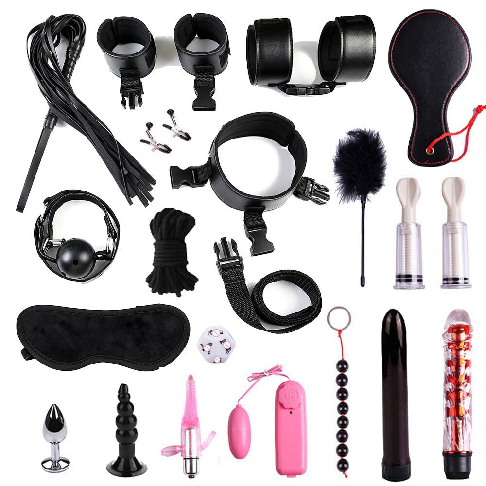 28 stks/set Vrouwen Mannen Speeltjes voor BDSM Spel Handboeien zweep touw Anale plug Mond plug Vibrator Erotische Accessoires Bondage set: black 20pcs