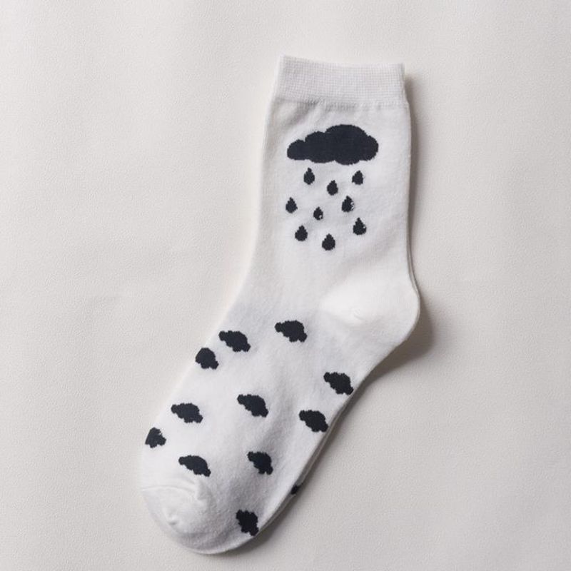 Fiction happy funny woman graphic cotton socks egg cloud rain wave dog foot mountain footprint socks spring casual: white