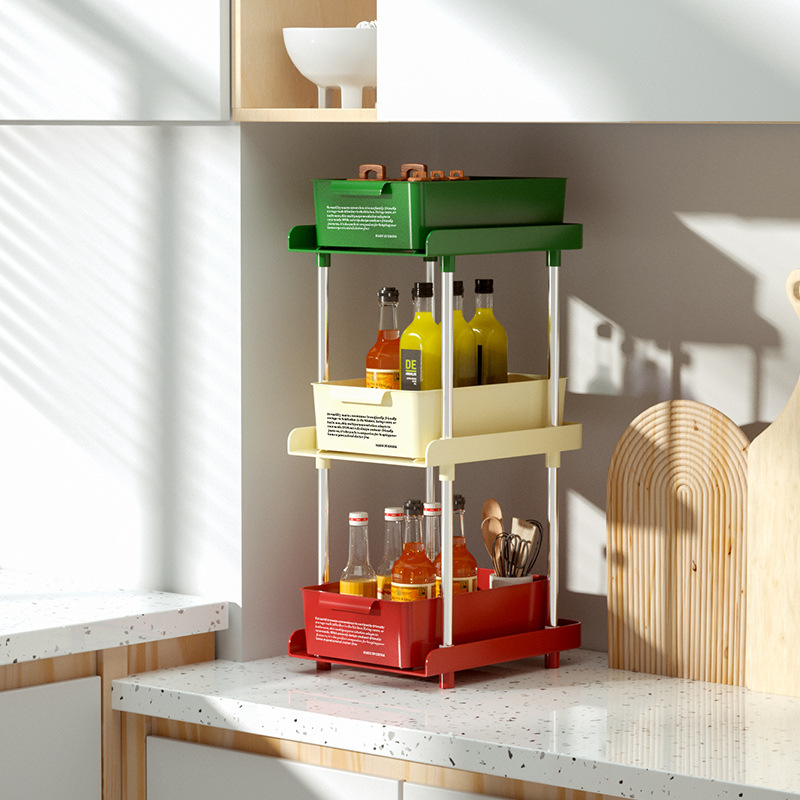 2/3tiers Pull-out Storage Shelves Desktop Storage Shelves Countertop Spice Sorting Racks Household Multi-functional Shelves