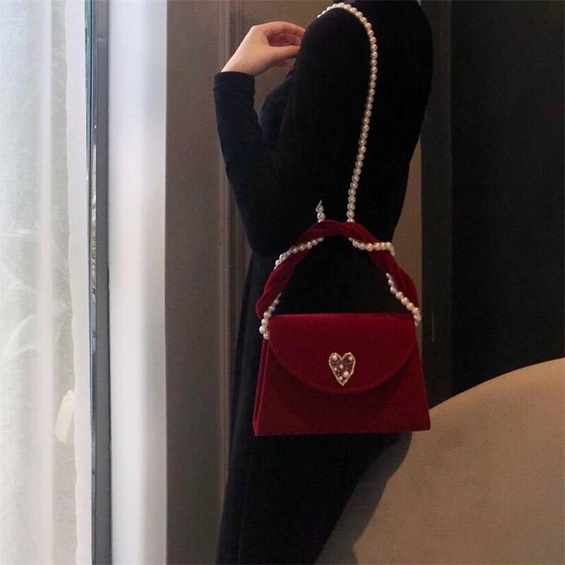 Women's Velvet Handbag - Small Size - Pearl Shoulder Strap - Vintage Style - Top Handle Bag