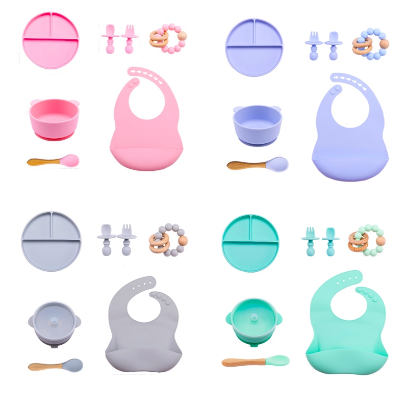 7Stck Baby Fütterung einstellen BPA FREI Lebensmittel Klasse Baby Silikon Gabel Löffel Gerichte Platte Schüssel Baby Fütterung Lieferungen freundlicher der Geschirr