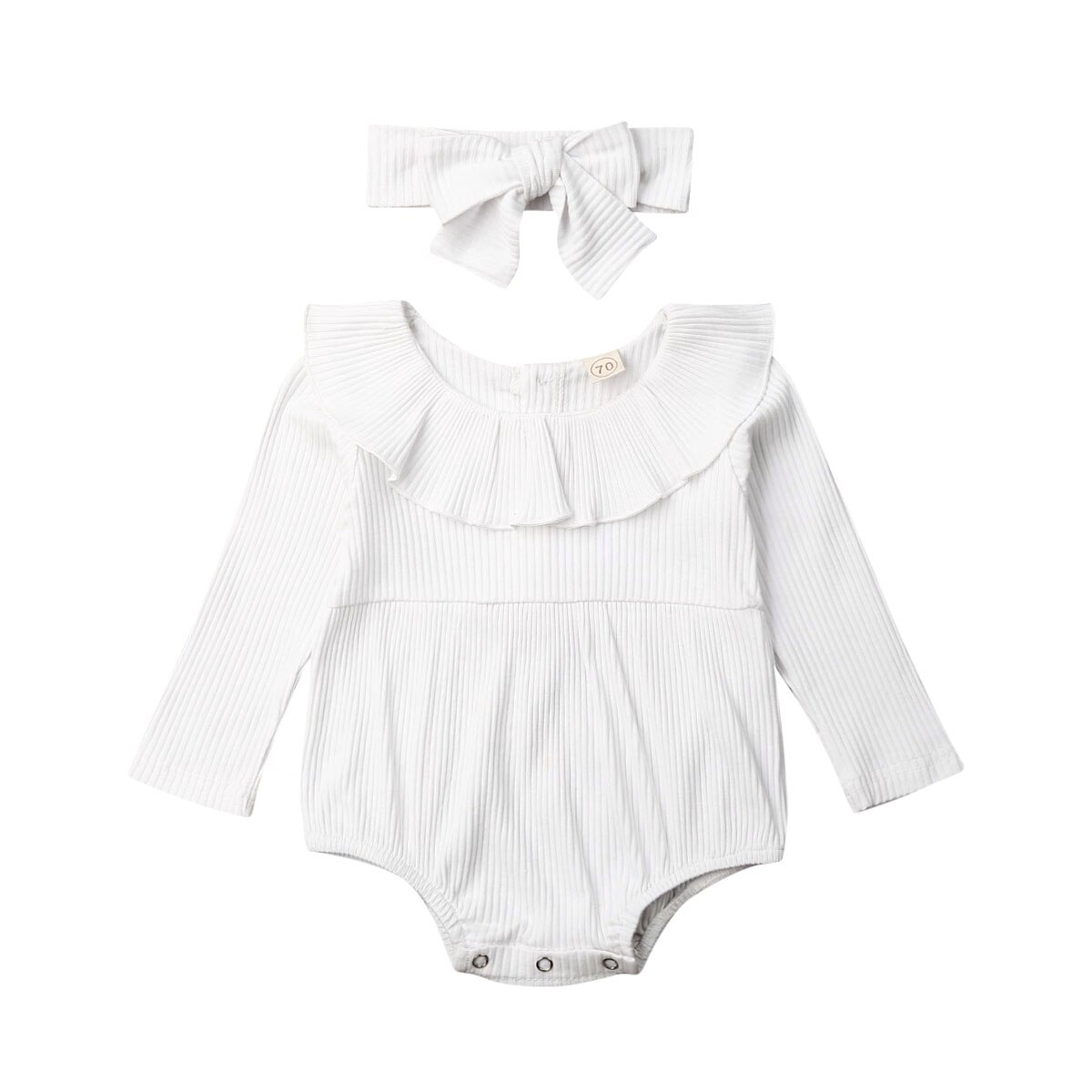 Vêtements pour bébés filles, vêtement de printemps et automne, combinaison à volants tricoté à manches longues, couleur unie, ensemble + bandeau,: WHITE / 12M