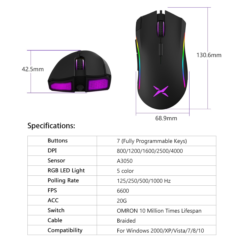 Delux M625 A3050 Mouse da gioco con retroilluminazione RGB 4000 DPI 1000Hz rapporto velocità 7 pulsanti programmabili Mouse cablati USB per Computer Gamer