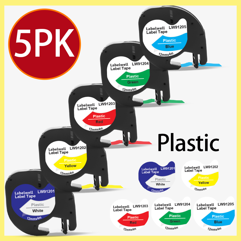 Labelwell 7PK 91202 91222 91332 plastikowa etykieta dla Dymo LT 12mm taśmy LT 91201 91200 91203 91204 12267 dla Dymo LetraTag LT-100H: 5PK Mixed Labels