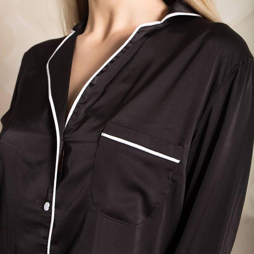 HECHAN Black Women Robe Long Sleeve Turn Down Collar Patchwork Pocket Sleepwear Female Bathrobe Home Wear Satin Robes Nightwear