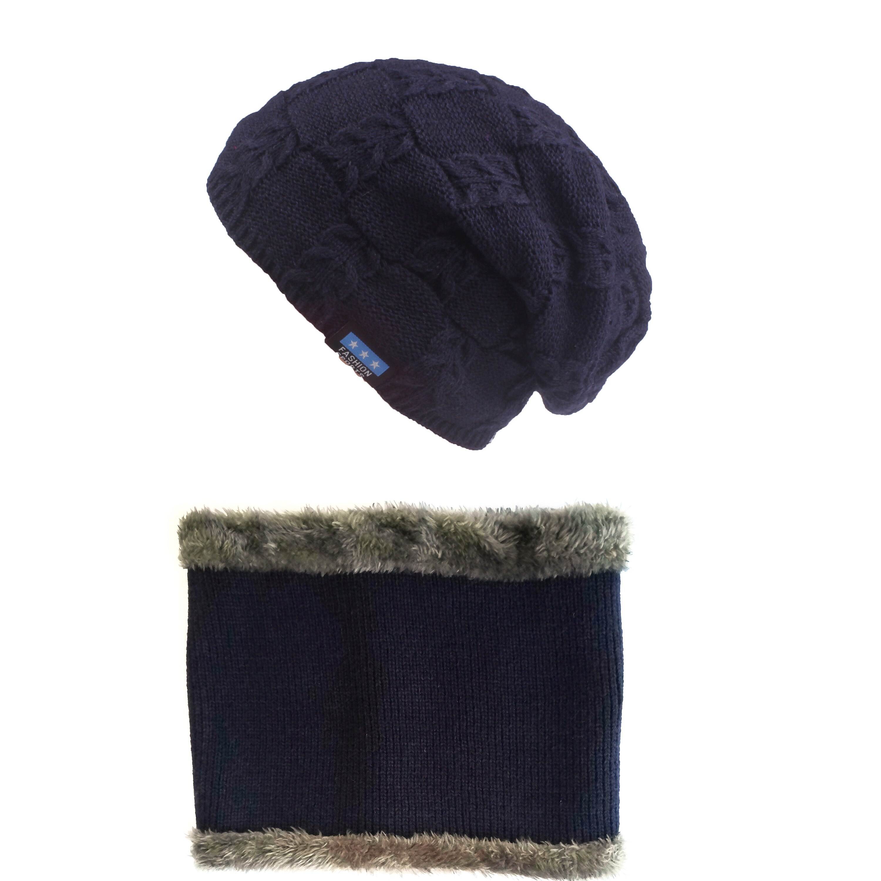 Xthree hommes bonnets hiver Skullies tricoté chapeau écharpe avec doublure laine mâle Gorras Bonnet hiver chapeaux pour hommes bonnets chapeaux: hat scarf set navy
