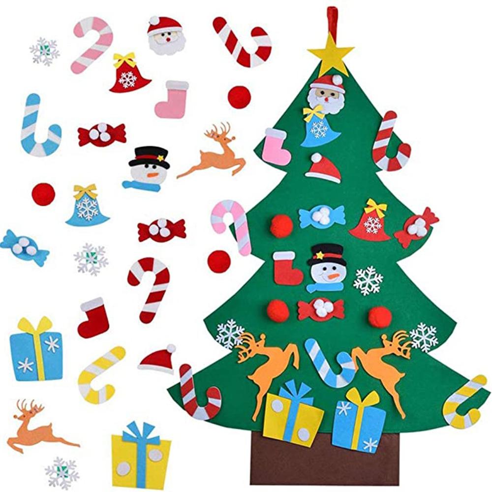 Filt juletræ til børn - diy juletræ med 26 stk ornamenter - væghængende juledekorationer
