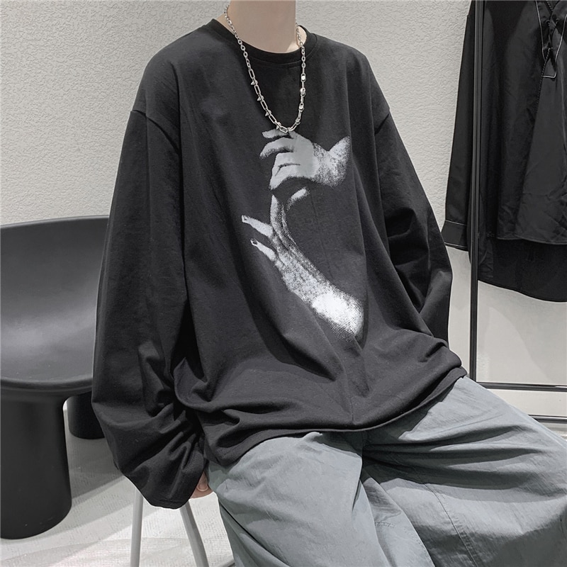 T-shirt ample à manches longues pour homme, style ulzzang, style hip-hop, surdimensionné, style coréen