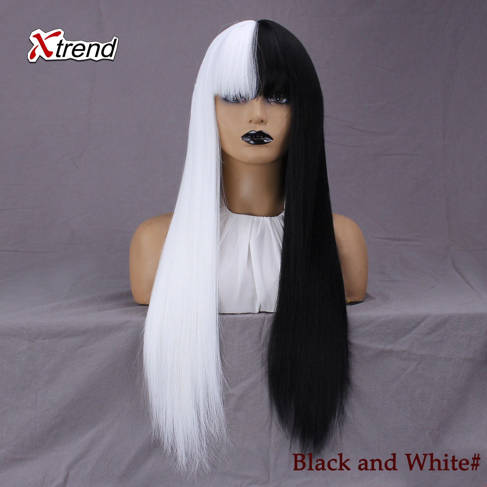 Xtrend Synthetic wig 26 Inch Straight Wig With Bangs Long Hair Wigs for Women Heat Resistant for Daily Halloween Cosplay Party: Black and White