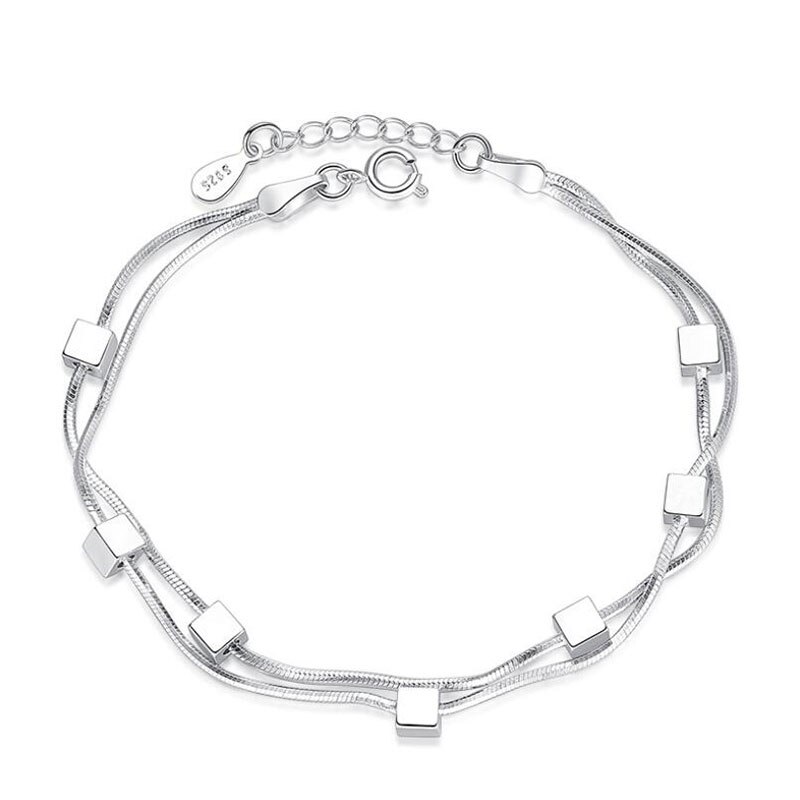Pulsera de plata de ley 925 para mujer, pulsera tobillera de doble cadena cuadrada, pulsera de estrella para mujer, pulsera S-B167: Box