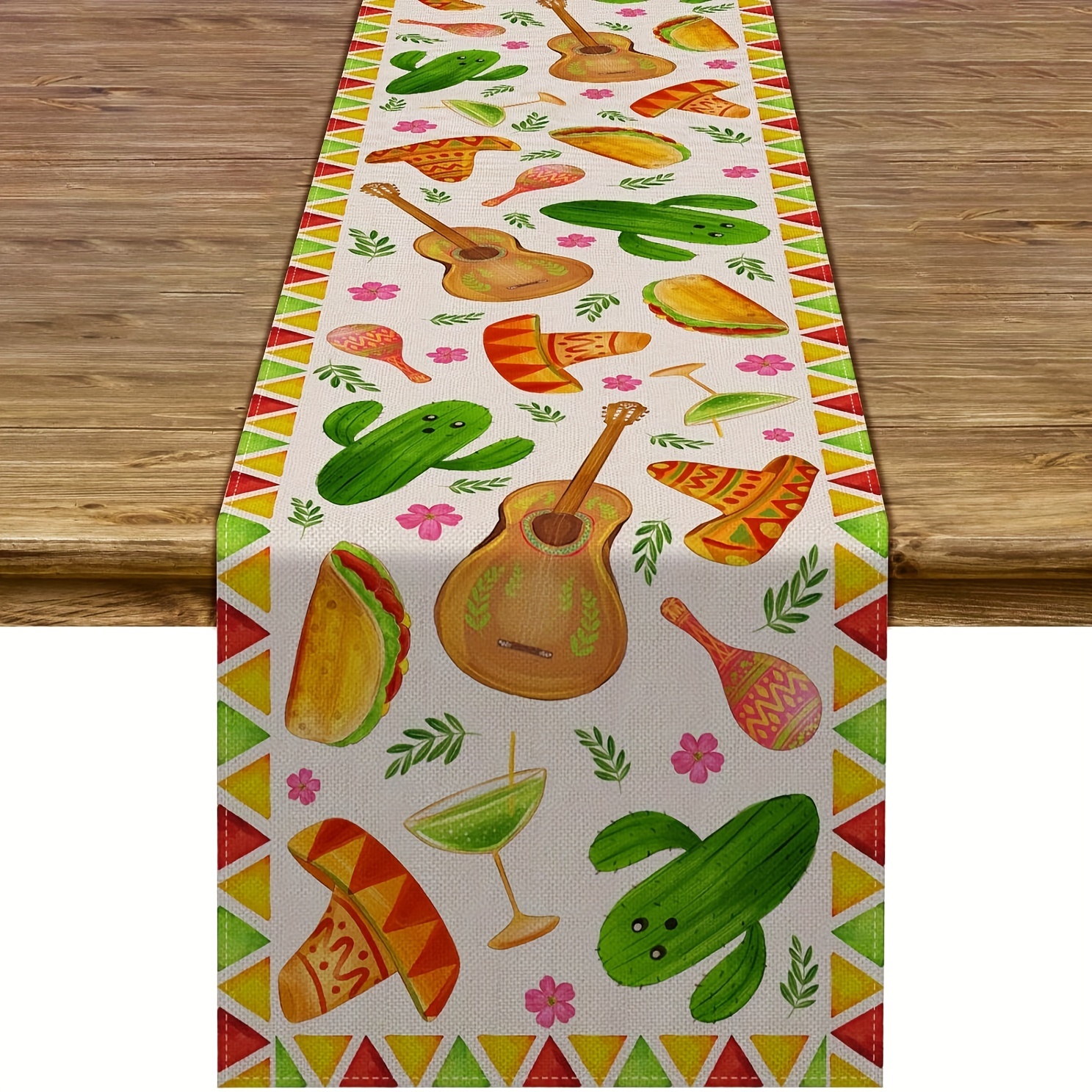 1 pc löpare i linnetyg med cinco de mayo-tema, perfekt för fester vid köksbordet och en livfull, festlig mexikansk stil.: 34*240cm