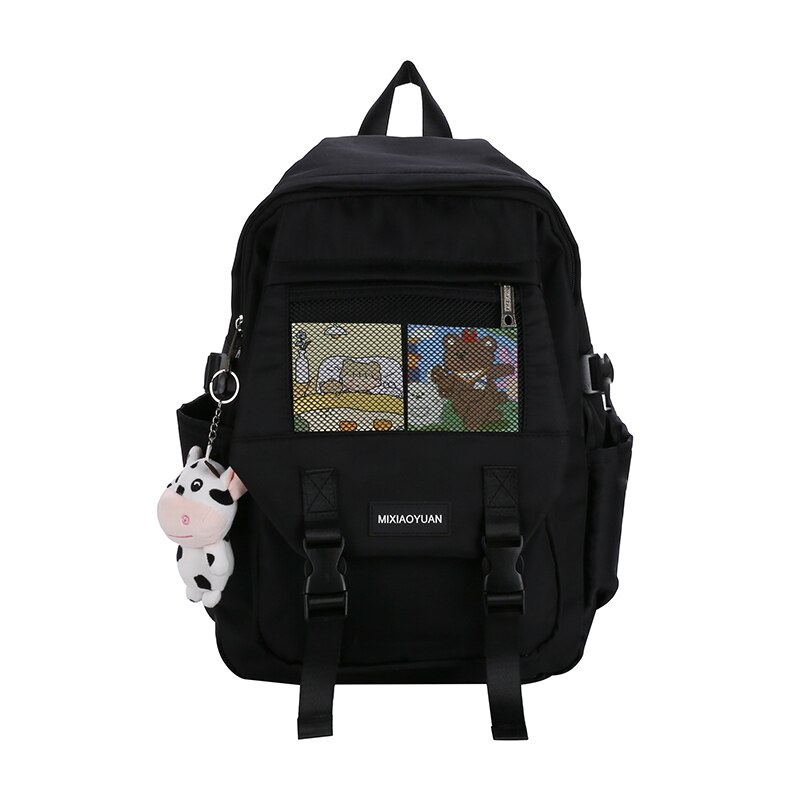 Wiosna nowy różowy damski plecak modny, jednokolorowy, o dużej pojemności, torba podróżna dla studentów, wodoodporna nylonowa torba na laptopa: black / With Pendant