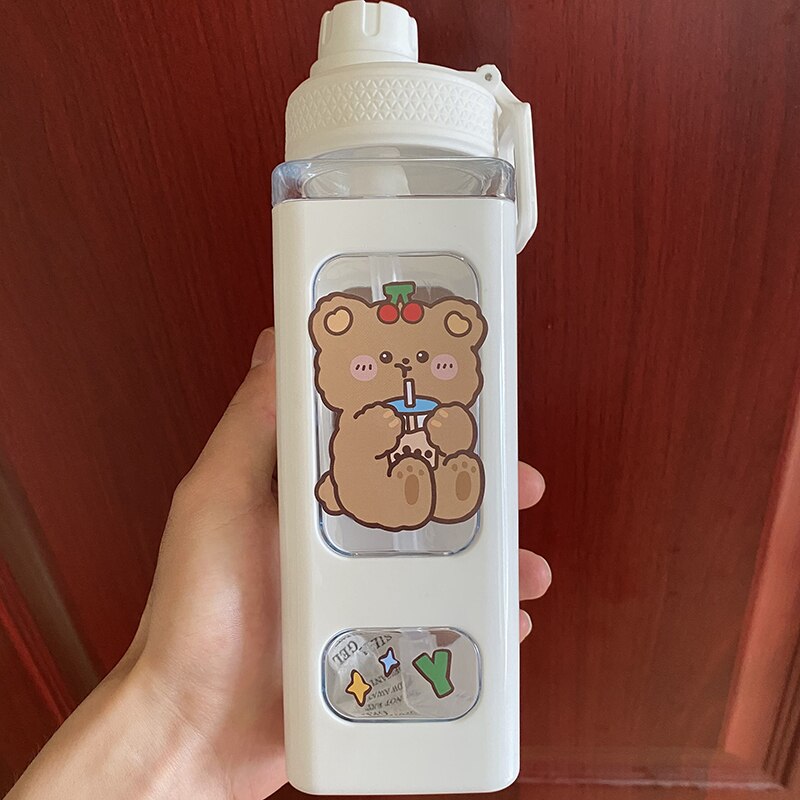 Kawaii Bär Pastell Wasser Flasche Mit 3D Aufkleber 700ml/900ml Kunststoff Reise Tee Saft Milch Tragbare Nette Shaker Trinken Flasche: Weiß E / 700ml
