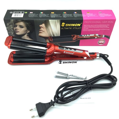 3 vaten lcd-schermrollen keramische drievoudige krultang haargolfijzer krullen diepe golven krultang haarpermanent: Rood