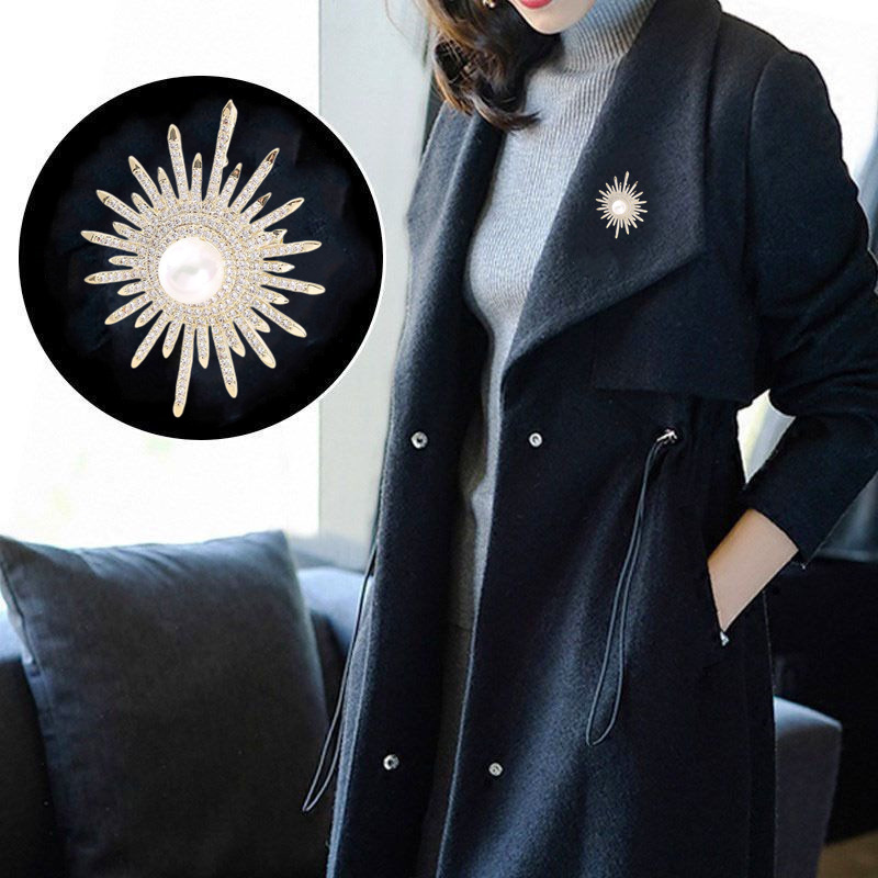 Nuevos broches brillantes de flores de sol para mujer, broche de lujo con perlas grandes y diamantes de imitación, alfileres, joyería, accesorios para traje, de boda