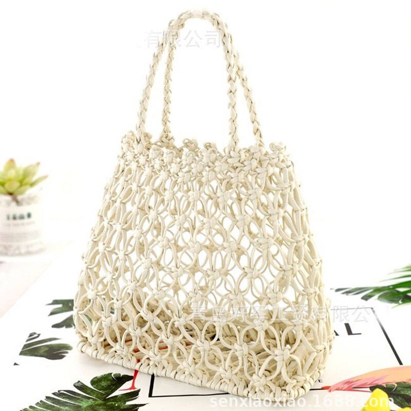 copper coin buckle handmade PU woven bag hand grid cutout straw bag casual woven bag