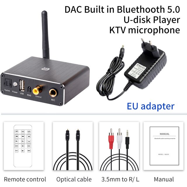 Adaptador decodificador DAC de Audio, receptor con Bluetooth 5,0, reproductor de disco en U, adaptador de micrófono KTV Coaxial óptico a Convertidor analógico: EU version