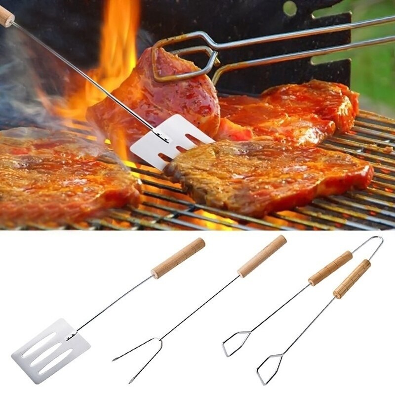 3 stk grillværktøjssæt spatelgaffeltang med lange håndtag greb grillværktøj