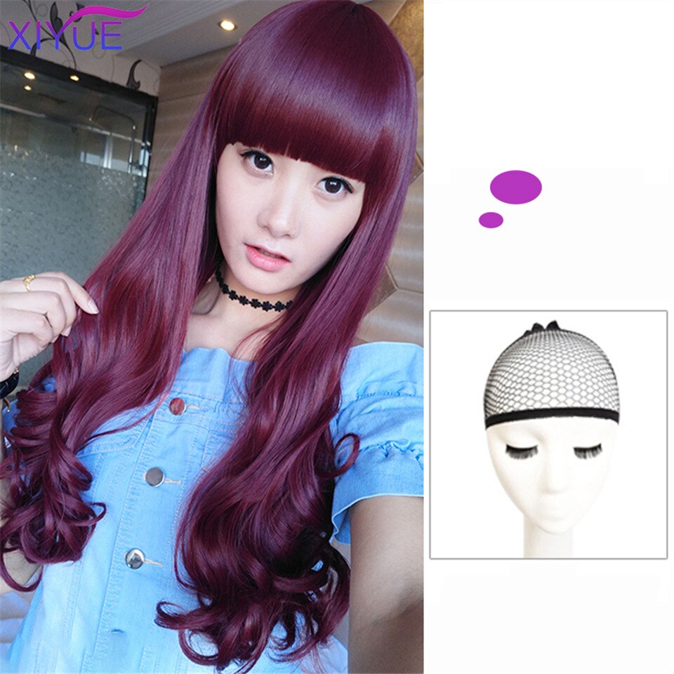 Pelucas largas mixtas de color morado para mujer con flequillo resistentes al calor, pelucas sintéticas rizadas, rosadas, verdes, para mujer, afroamericanas: 7jiafa