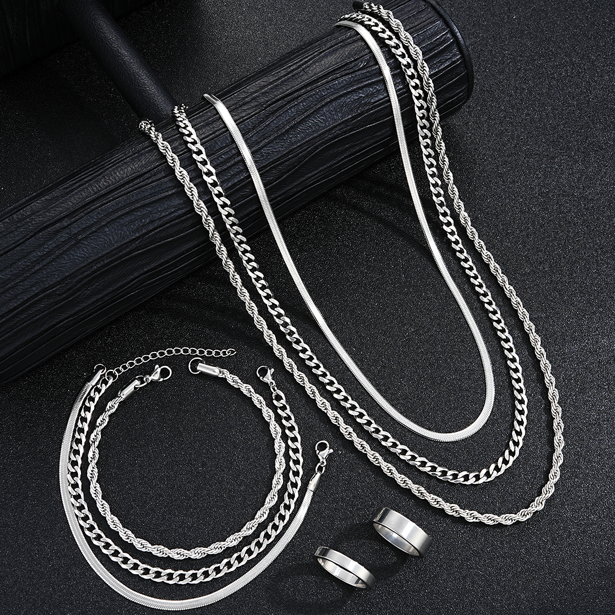 Simple Stainless Steel Silver Color Jewelry Sets for Men Unisex Punk Vintage Smooth Ring Necklace Bracelet Set: Default Title