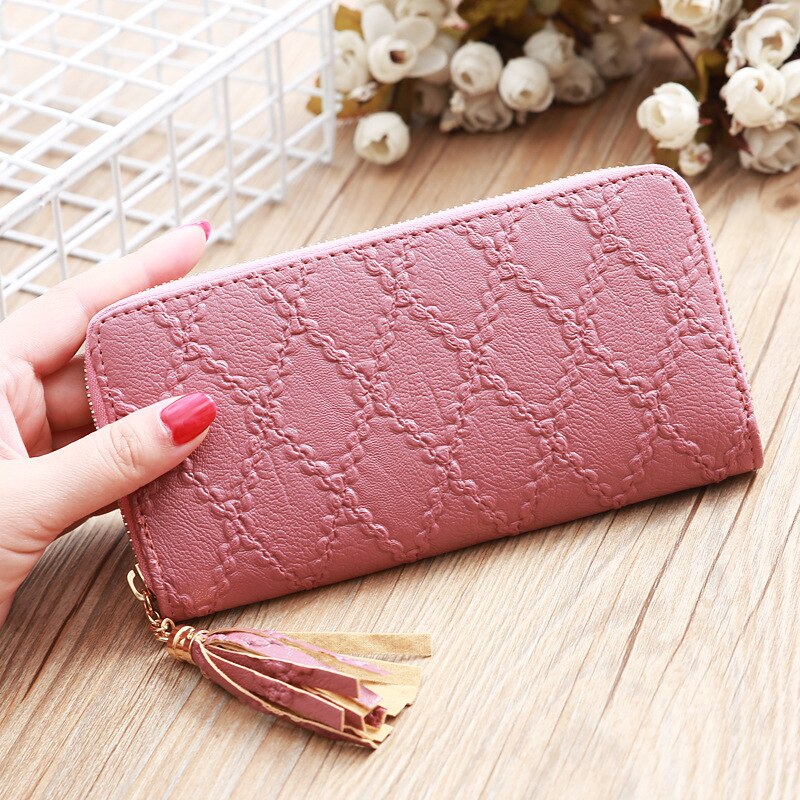 Vrouwen portemonnee met kwastjes, lange clutch, grote capaciteit, portemonnees met ruitvormige rits, damesportemonnee, telefoonvakje, kaarthouder, carteras: Roze