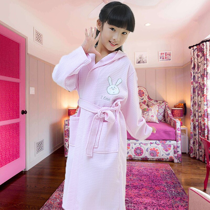 Children Hooded Bathrobe waffle Kids Boys Girls Cotton Lovely Robes Dressing Gown Kids Homewear Sleepwear with Belts summer