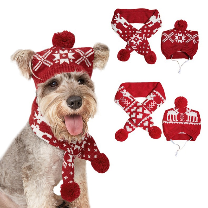 Conjunto de gorro y bufanda de punto para mascota, traje de invierno cálido para cachorro, Chihuahua, accesorios de Navidad