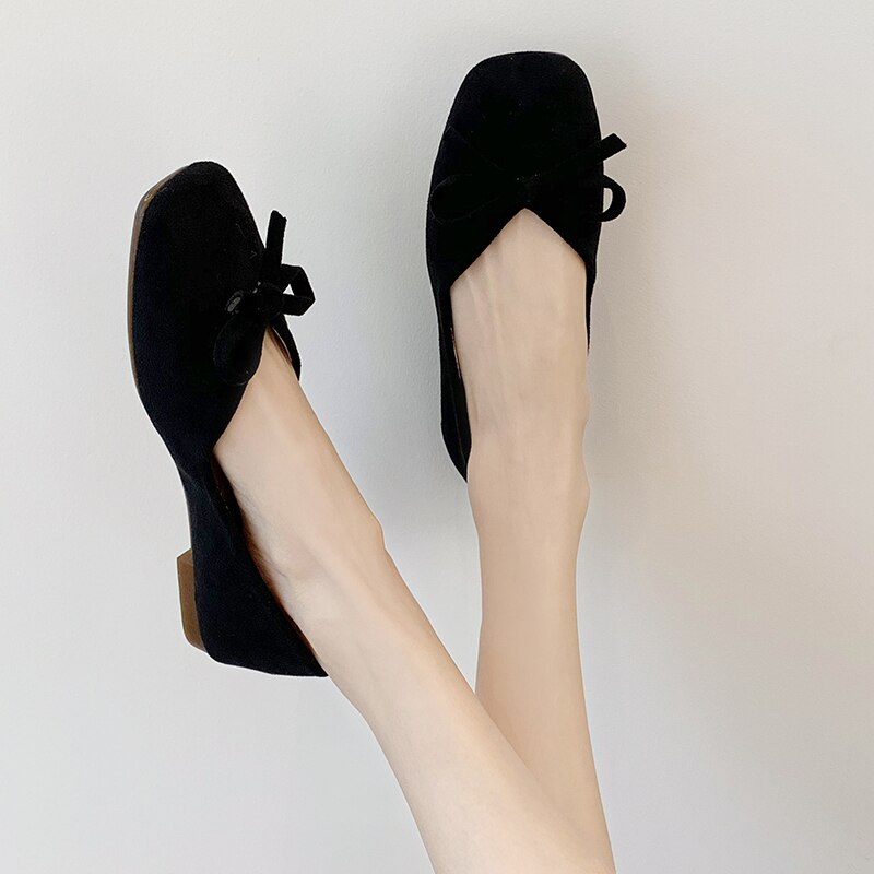 Rimocy Spring Bowknot Flat Shoes Woman Faux Suede Square Toe Boat Shoes Women Casual Non-slip Black Flats