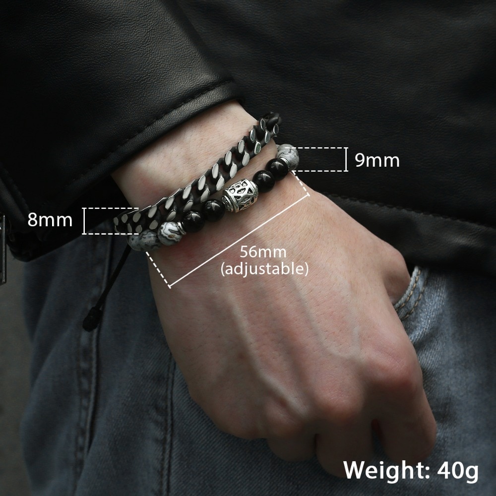 Unique Map Stone Men's Beaded Bracelet Stainless Steel Cuban Link Chain Bracelets Male Jewelry for Men DLBF11