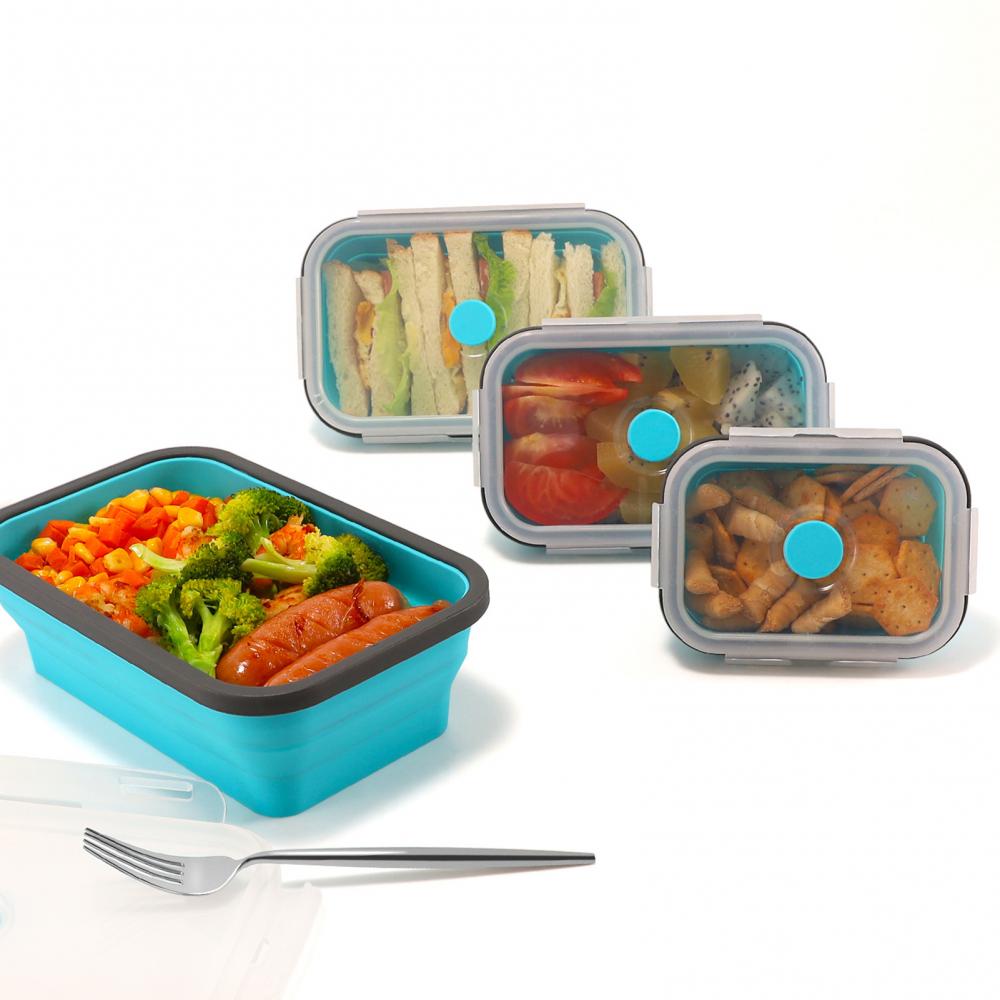 60% Sales! 4Pcs Stackable Bento Food Container Foldable Silicone Lunchbox Fresh Keep Case