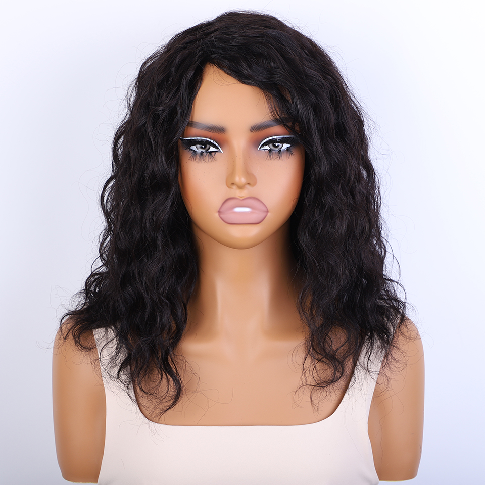 Perruque de cheveux humains bouclés au miel avec frange à franges, partie latérale, sans colle, pré-plumée, gros moelleux, marron, blond mélangé: LYD1B/99J
