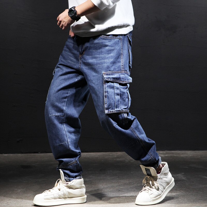 Idopy Men`s Cargo Jeans Hip Hop Street Style Loose Fit Multi Pockets Plus Size Denim Pants Trousers For Hipster 29-42: Blue / 30