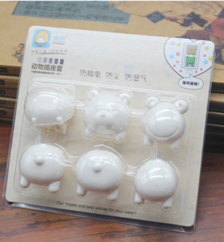 6 Pcs/lot Children Electrical Safety Protective Socket Cover Caps Cute Animals Baby Security Product Sets US USA Standard: White