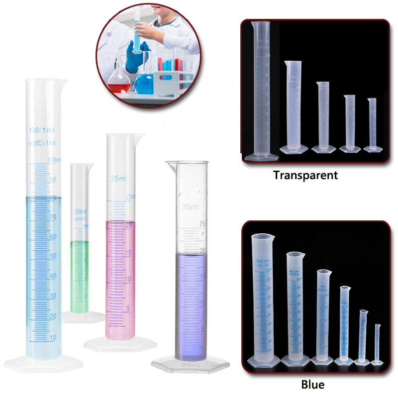 Cilindro graduado de plástico de medición transparente, herramienta de laboratorio de tubo de prueba de plástico, 10/ 25/ 50/ 100 /250 /500 /1000ml, 1 Uds.