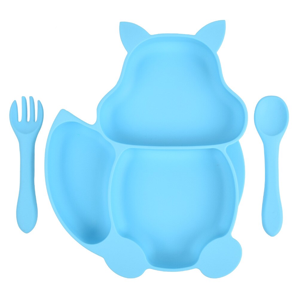 Baby Feeding Set Blue Silicone Suction Plate Squirrel Shape Self Feeding Training Stay Put Plate Soft Spoon Fork Dish Kit: 11