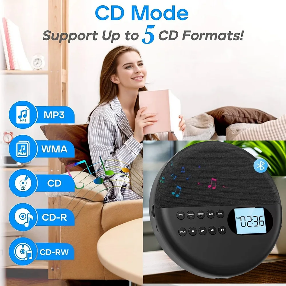 Multifunctional cd player, rechargeable two-way bluetooth, 5,0 built-in speakers, usb playback, hifi music on-the-go, shockproof