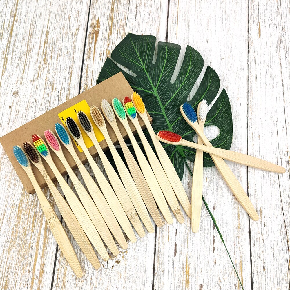 12Pcs Bamboo toothbrush Eco Friendly Product bamboo Solid handle soft fibre tooth brush adults Oral Care Biodegradable