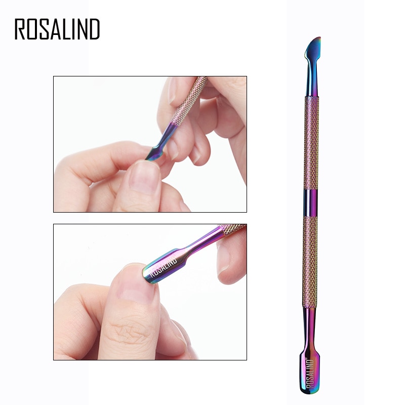 Rosalind neglebånd pusher 1 stk regnbue rustfrit stål neglebånd nail art værktøjer 2 vejs ske pusher remover værktøjer pedicure manicure