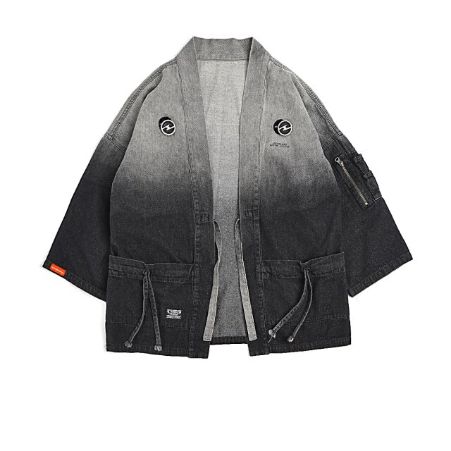 Men Japanese Streetwear Denim Samurai Cardigan Japan Tanjiro Kimono Jacket: XL
