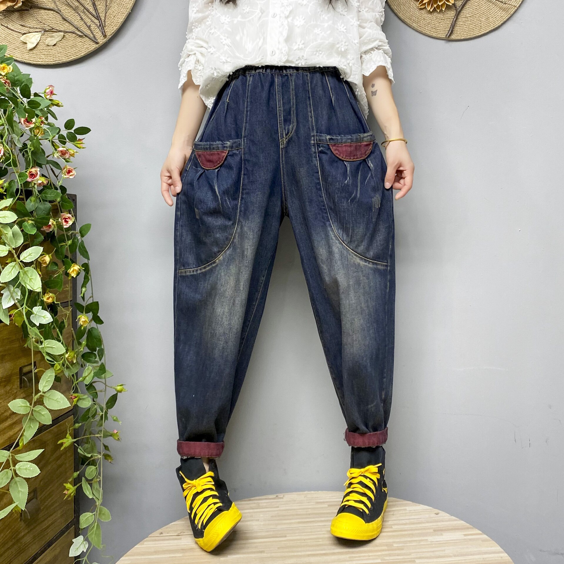 Ropa de otoño e invierno para mujer, pantalones vaqueros holgados informales con cintura elástica, Color de contraste lavado que se pega a la ropa, longitud Claf: Picture Color / L