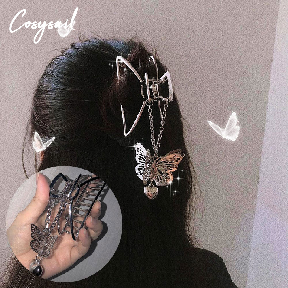 Cosysail Kpop Jahrgang Hohl Schmetterling Liebe Anhänger Haar Clip für Kühle Egirl Lange Quaste Metall Haarnadel Kopfschmuck Schmuck